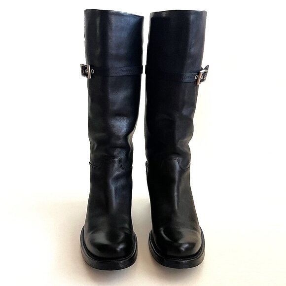 PRADA Black Leather Pull-on Tall Lug Sole Boots with Buckle, Size 37 (US 7) - Picture 2 of 13